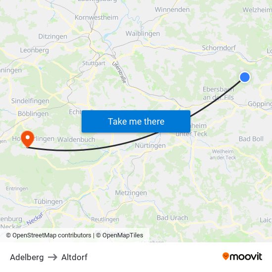 Adelberg to Altdorf map