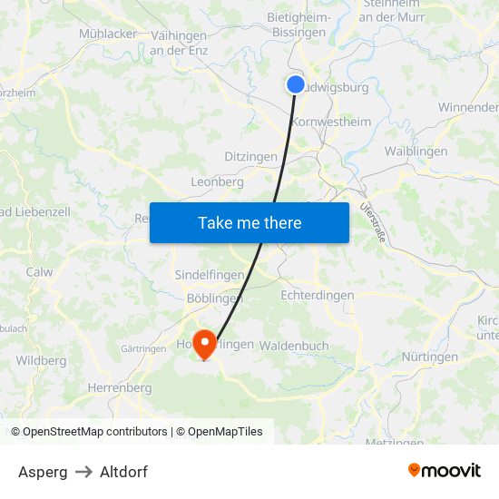 Asperg to Altdorf map