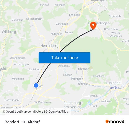 Bondorf to Altdorf map