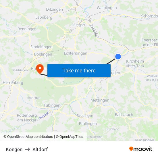 Köngen to Altdorf map