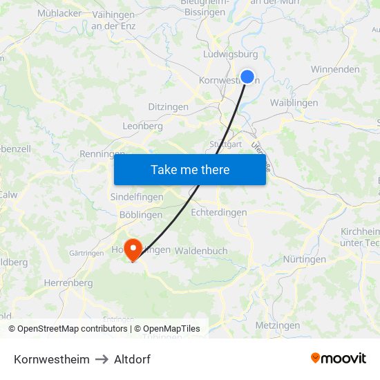 Kornwestheim to Altdorf map