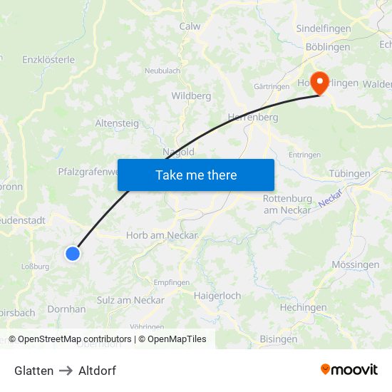 Glatten to Altdorf map