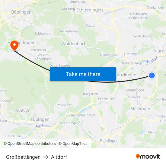 Großbettlingen to Altdorf map