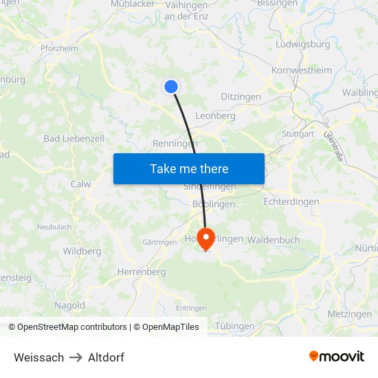 Weissach to Altdorf map