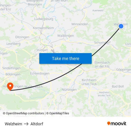 Welzheim to Altdorf map