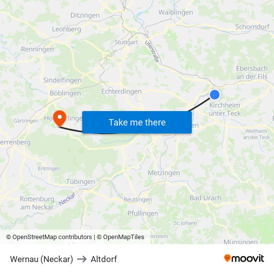 Wernau (Neckar) to Altdorf map