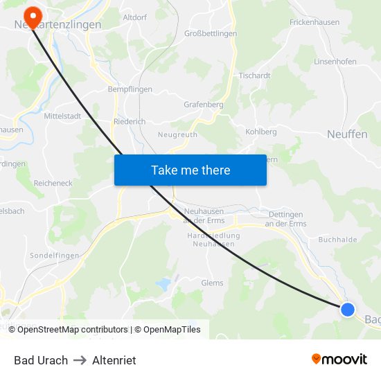 Bad Urach to Altenriet map