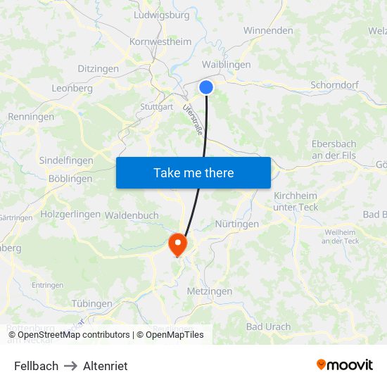 Fellbach to Altenriet map