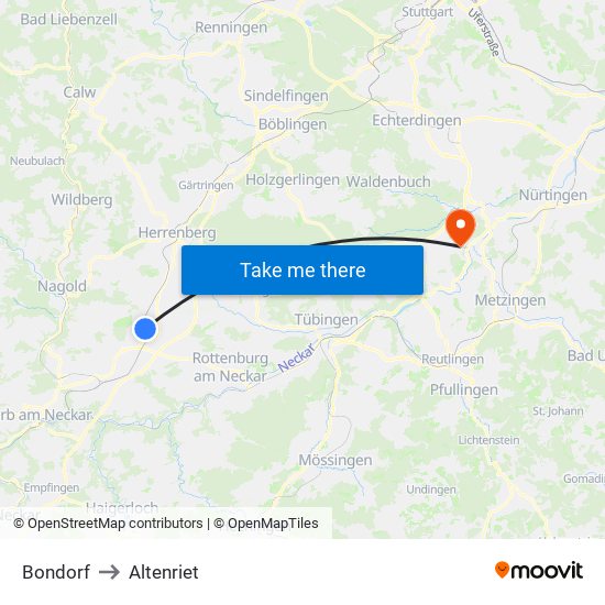 Bondorf to Altenriet map