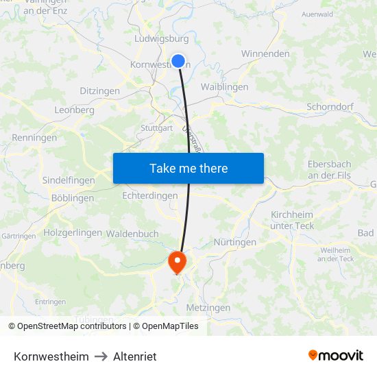 Kornwestheim to Altenriet map