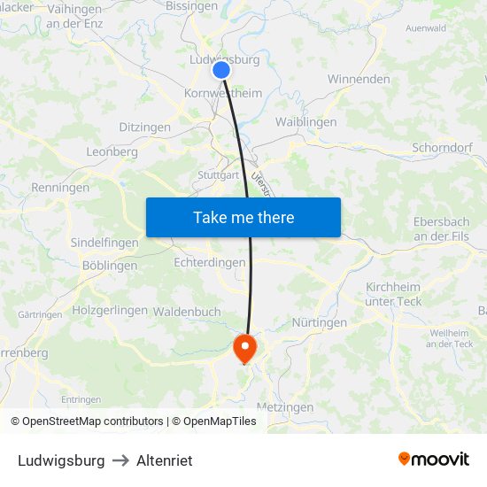 Ludwigsburg to Altenriet map