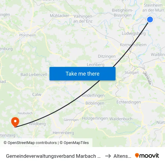 Gemeindeverwaltungsverband Marbach am Neckar to Altensteig map
