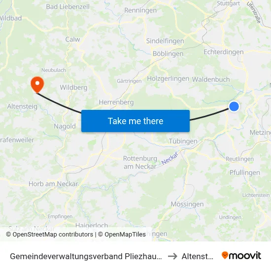 Gemeindeverwaltungsverband Pliezhausen to Altensteig map