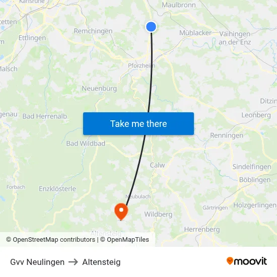 Gvv Neulingen to Altensteig map