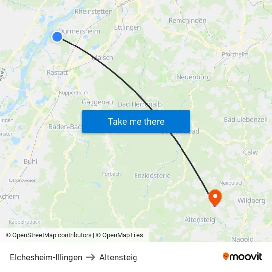 Elchesheim-Illingen to Altensteig map