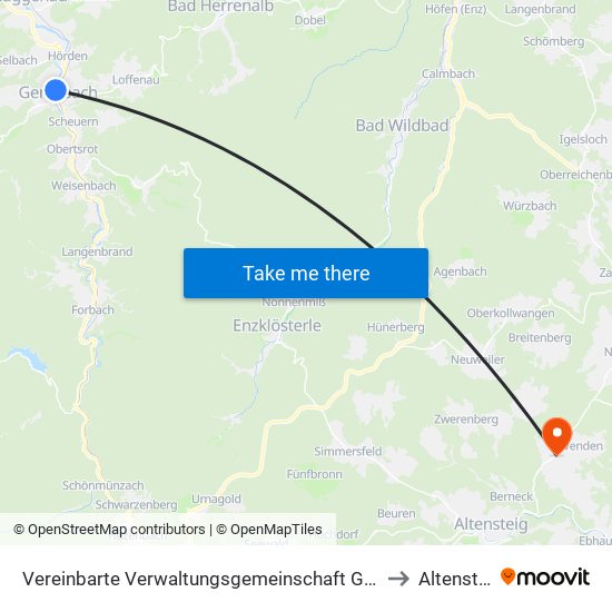 Vereinbarte Verwaltungsgemeinschaft Gernsbach to Altensteig map