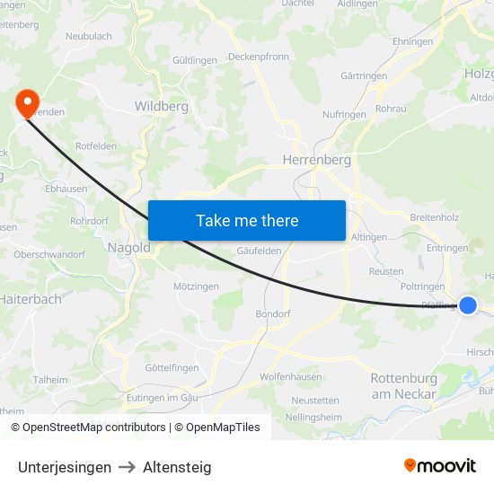 Unterjesingen to Altensteig map