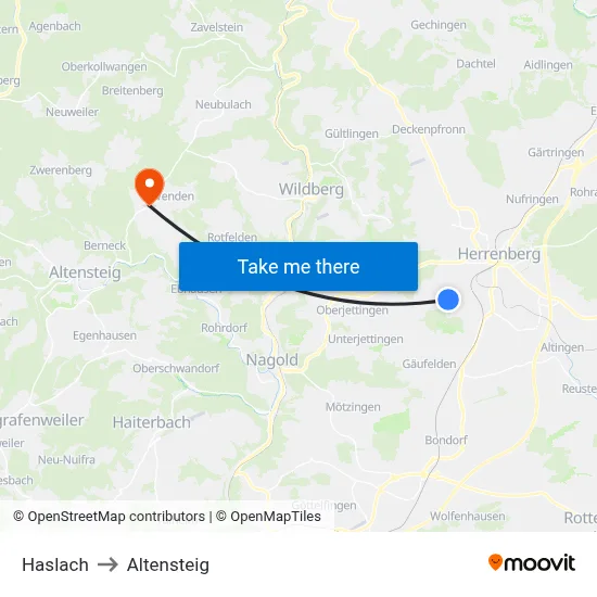 Haslach to Altensteig map