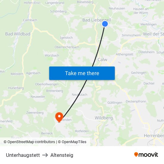 Unterhaugstett to Altensteig map