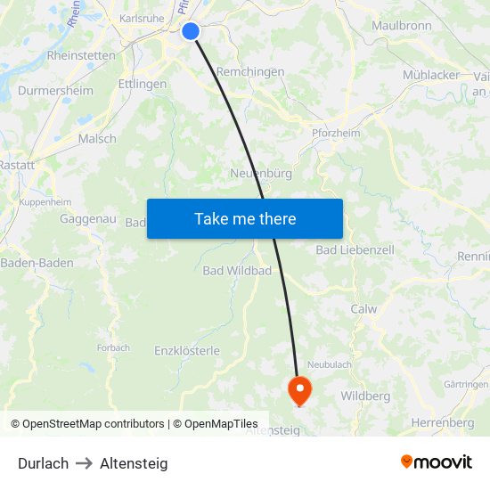 Durlach to Altensteig map