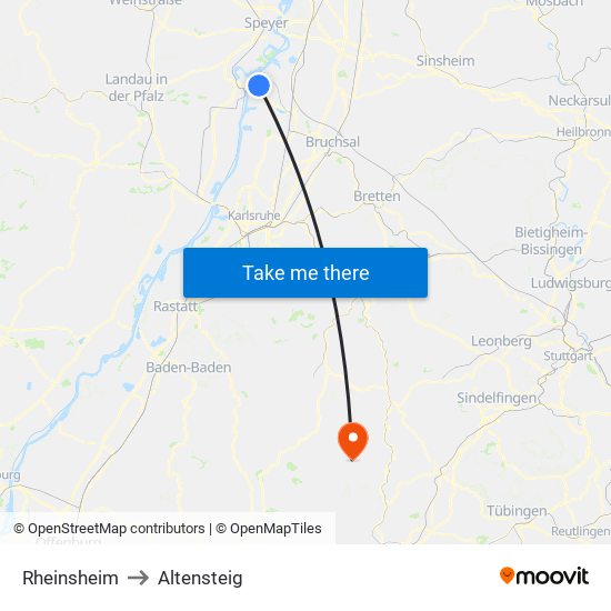 Rheinsheim to Altensteig map