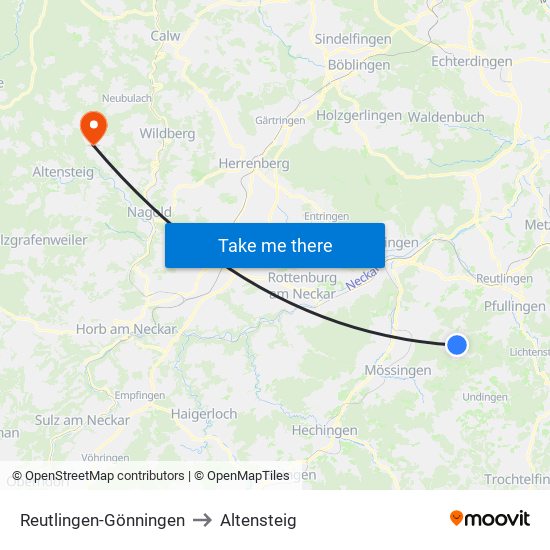 Reutlingen-Gönningen to Altensteig map