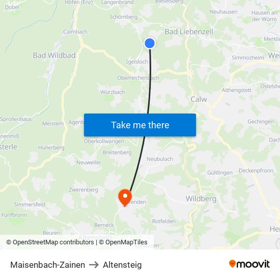 Maisenbach-Zainen to Altensteig map