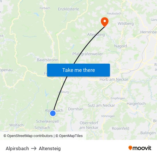 Alpirsbach to Altensteig map