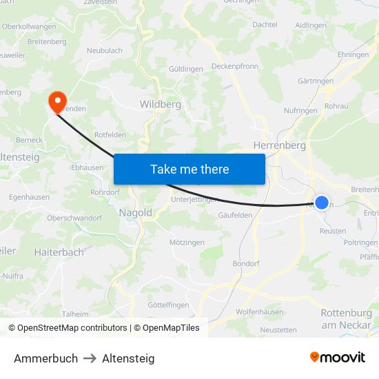 Ammerbuch to Altensteig map