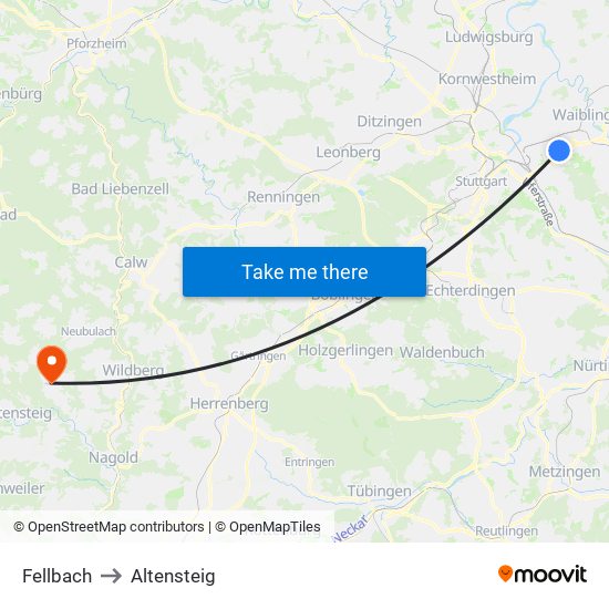 Fellbach to Altensteig map