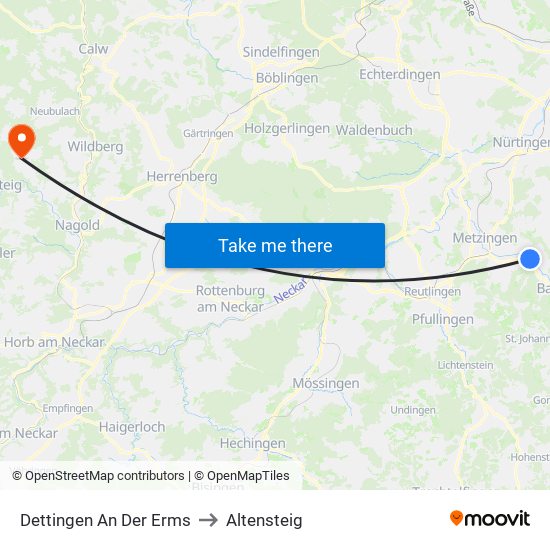 Dettingen An Der Erms to Altensteig map