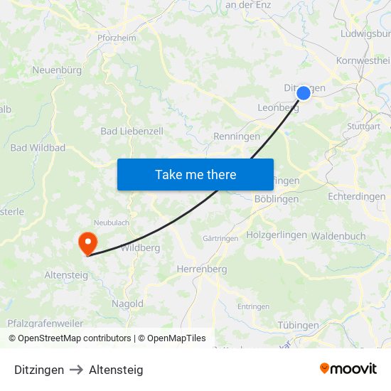 Ditzingen to Altensteig map