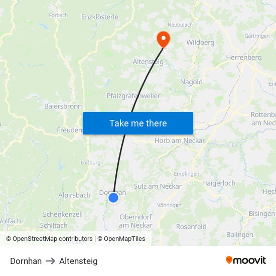 Dornhan to Altensteig map