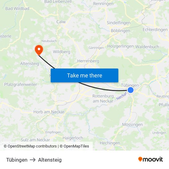 Tübingen to Altensteig map