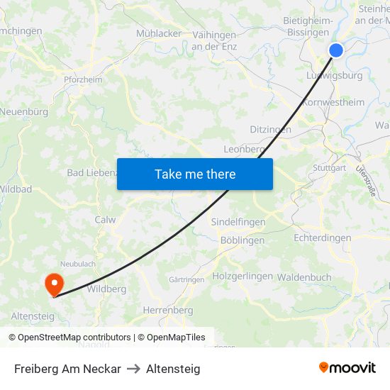 Freiberg Am Neckar to Altensteig map