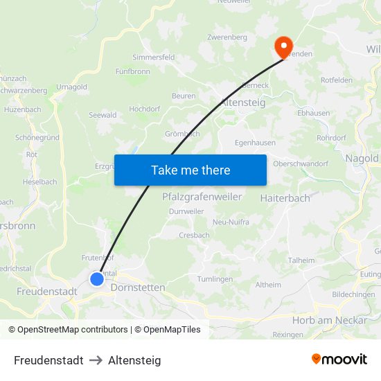 Freudenstadt to Altensteig map