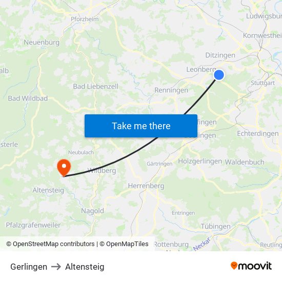 Gerlingen to Altensteig map
