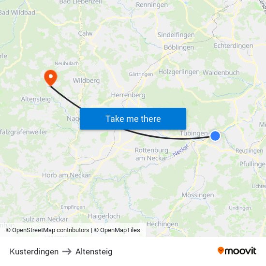 Kusterdingen to Altensteig map