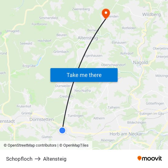 Schopfloch to Altensteig map