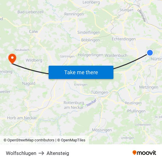 Wolfschlugen to Altensteig map