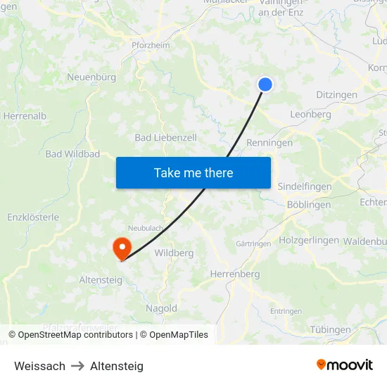 Weissach to Altensteig map