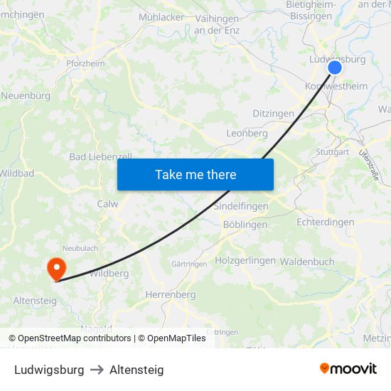 Ludwigsburg to Altensteig map