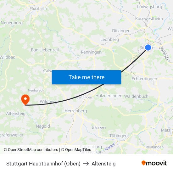 Stuttgart Hauptbahnhof (Oben) to Altensteig map