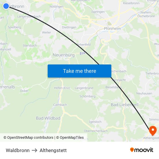 Waldbronn to Althengstett map