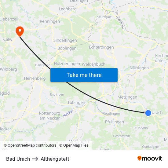 Bad Urach to Althengstett map