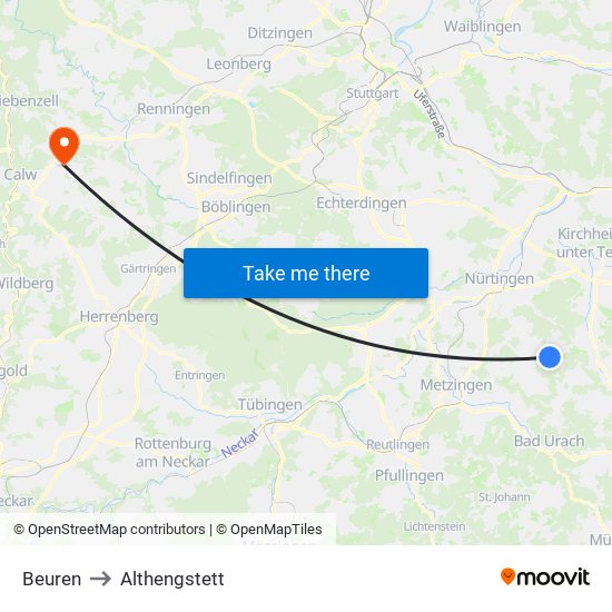 Beuren to Althengstett map