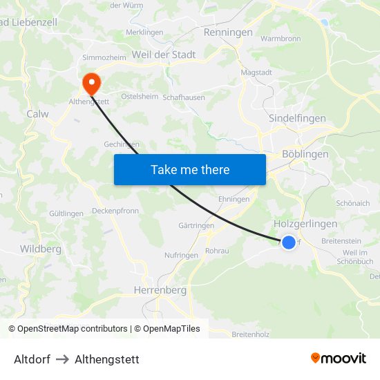 Altdorf to Althengstett map