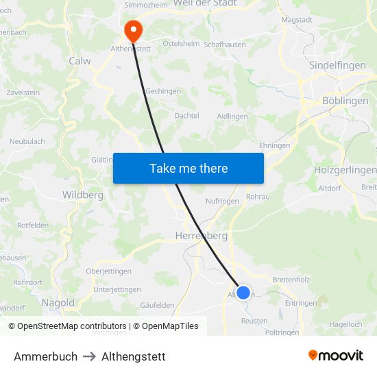 Ammerbuch to Althengstett map