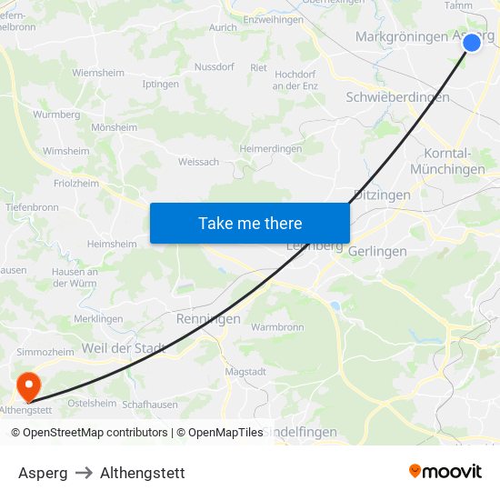 Asperg to Althengstett map