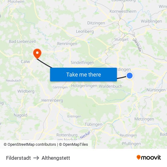 Filderstadt to Althengstett map